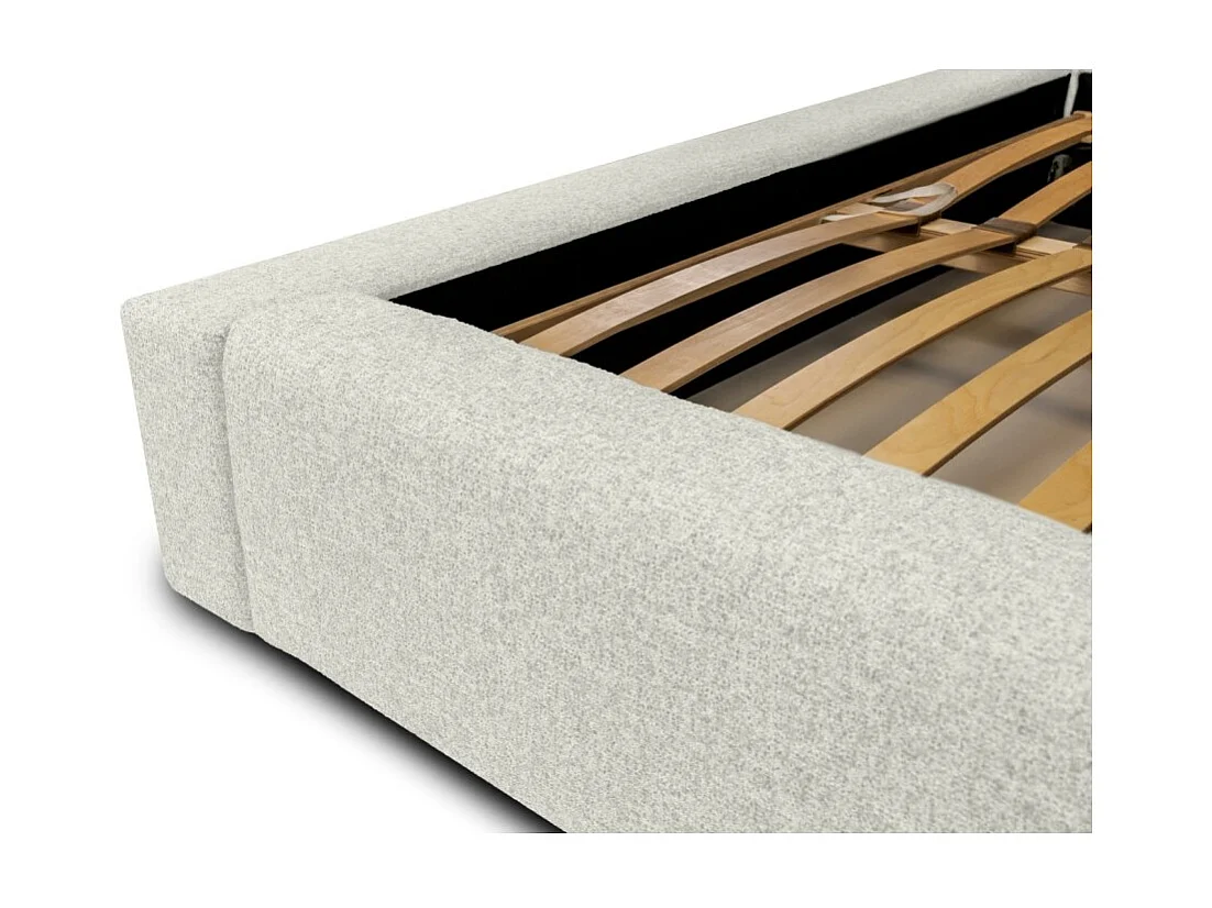 Cama baú CERVIN – Linho Cinza Natural Encaracolado – 180x200 cm – Estrado Elevatório – Design de Alta Qualidade