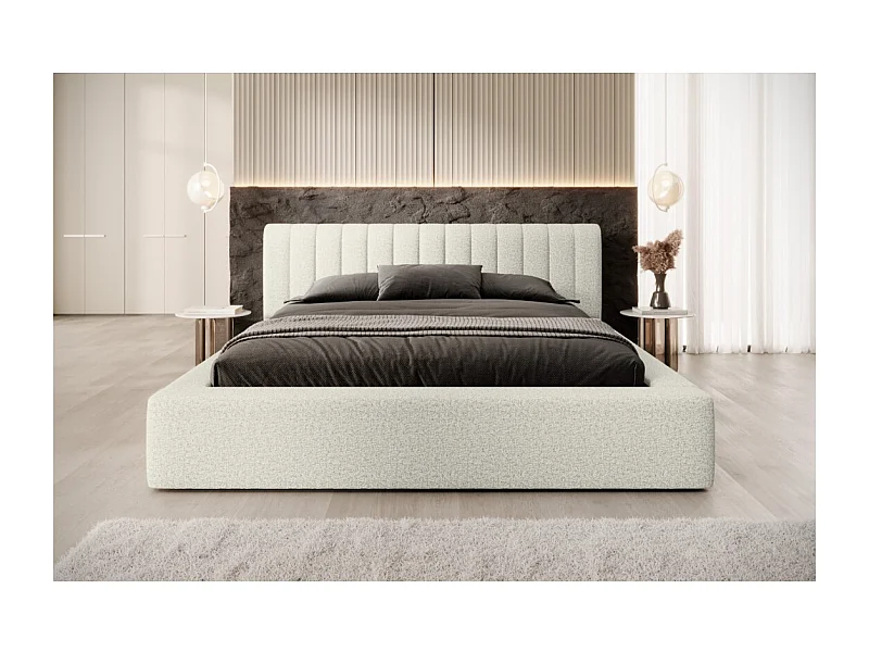 Cama baú CERVIN – Linho Cinza Natural Bouclé – 160x200 cm – Estrado elevatório – Design de alta qualidade