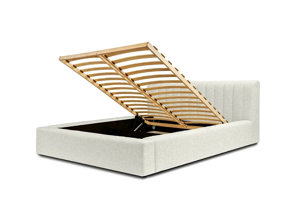 Lit coffre CERVIN – Gris Lin natural rizado – 160x200 cm – Somier elevable – Diseño de alta gama
