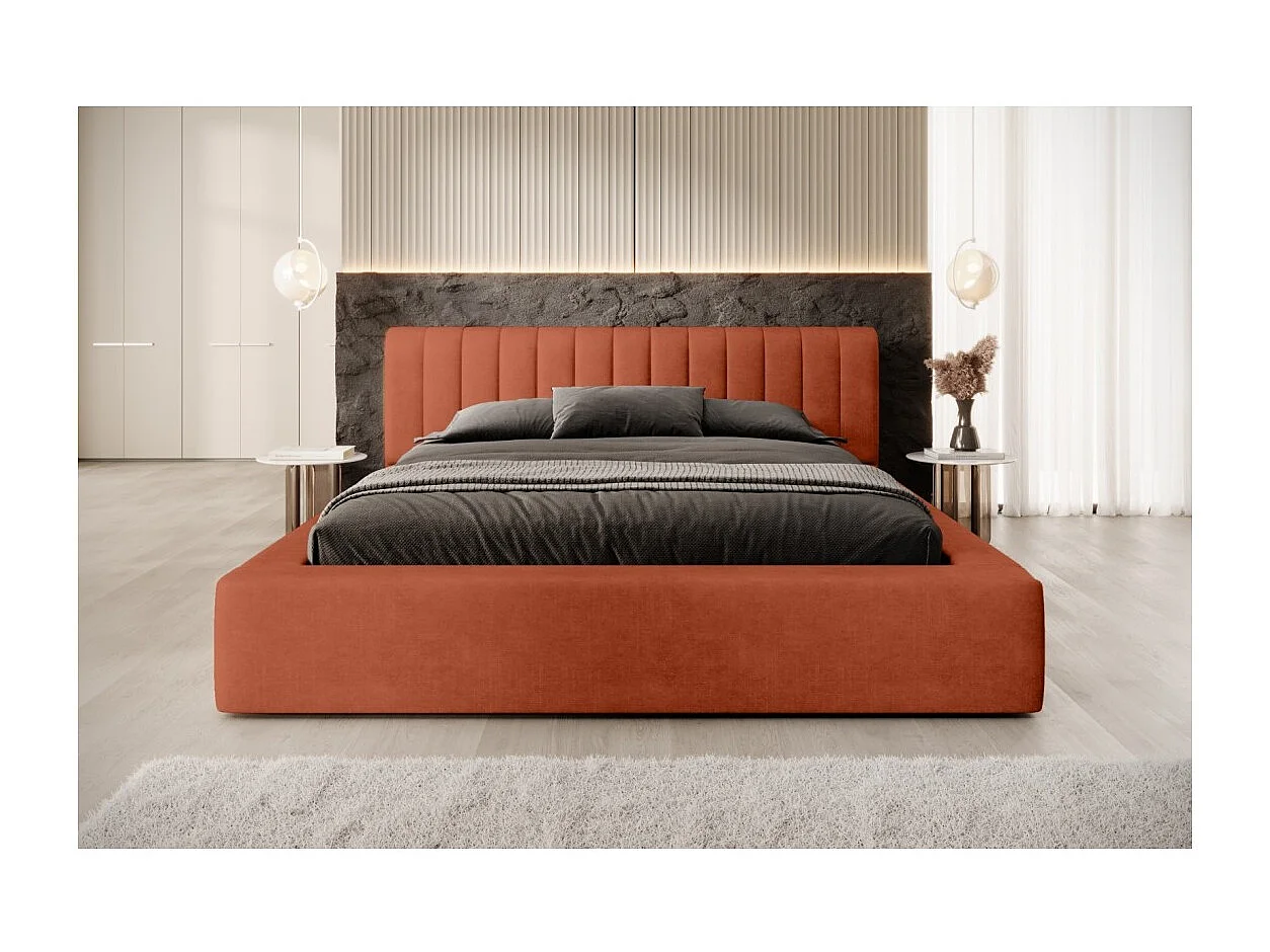 Cama baú CERVIN – Veludo suave Tijolo Toscano – 160x200 cm – Estrado elevatório – Design elegante