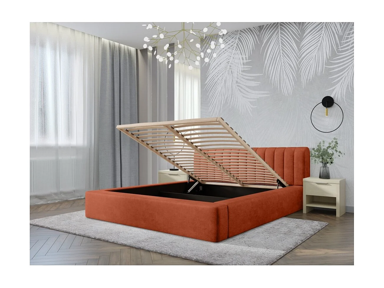 Cama baú CERVIN – Veludo suave Tijolo Toscano – 160x200 cm – Estrado elevatório – Design elegante