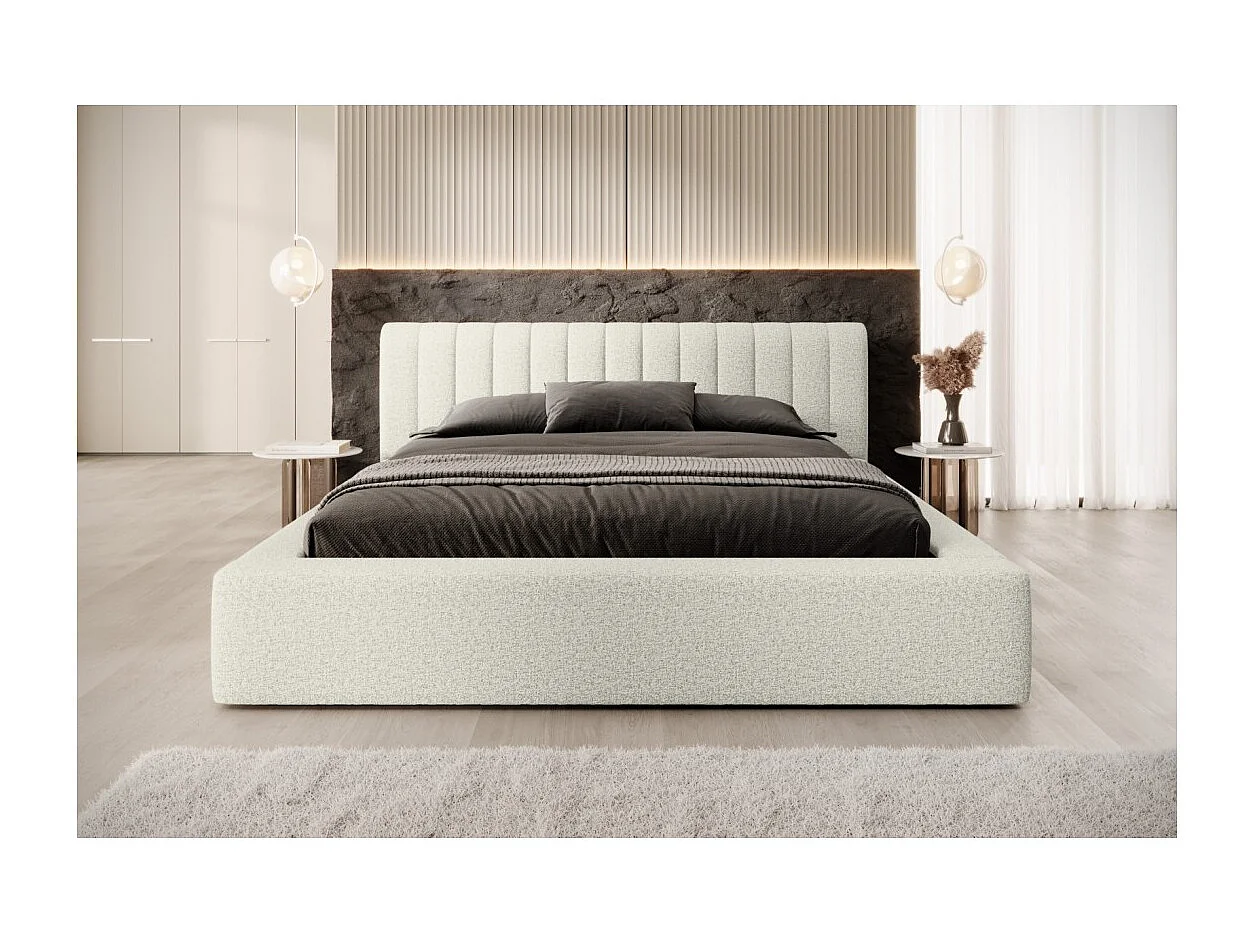 Cama con canapé CERVIN – Gris Lino natural rizado – 140x200 cm – Somier elevable – Diseño de alta gama
