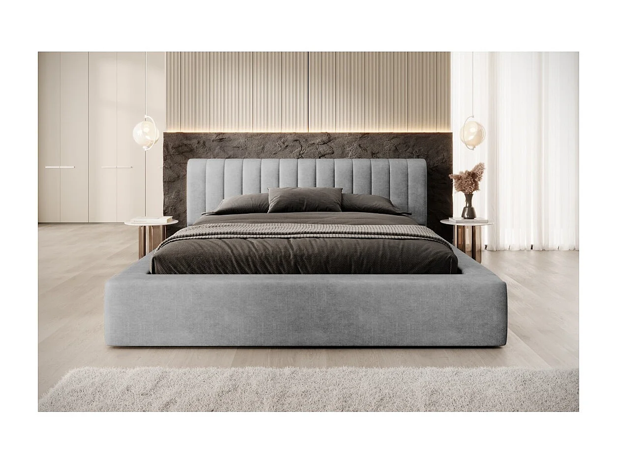 Cama baú CERVIN – Veludo suave Nácar de concreto – 160x200 cm – Estrado elevatório – Design contemporâneo