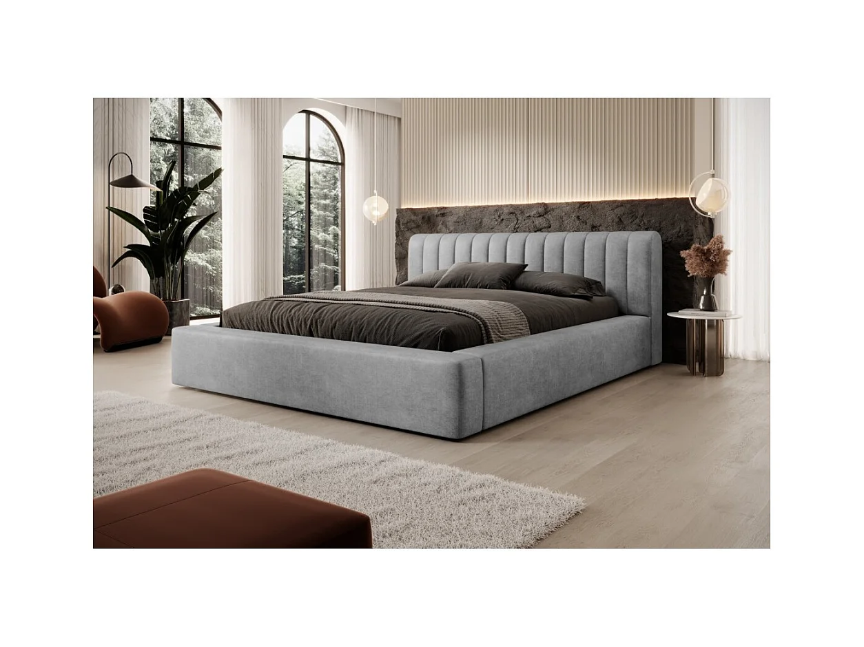 Cama baú CERVIN – Veludo suave Nácar de concreto – 160x200 cm – Estrado elevatório – Design contemporâneo