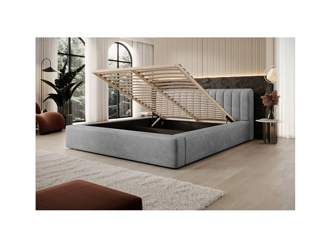 Cama baú CERVIN – Veludo suave Nácar de concreto – 160x200 cm – Estrado elevatório – Design contemporâneo