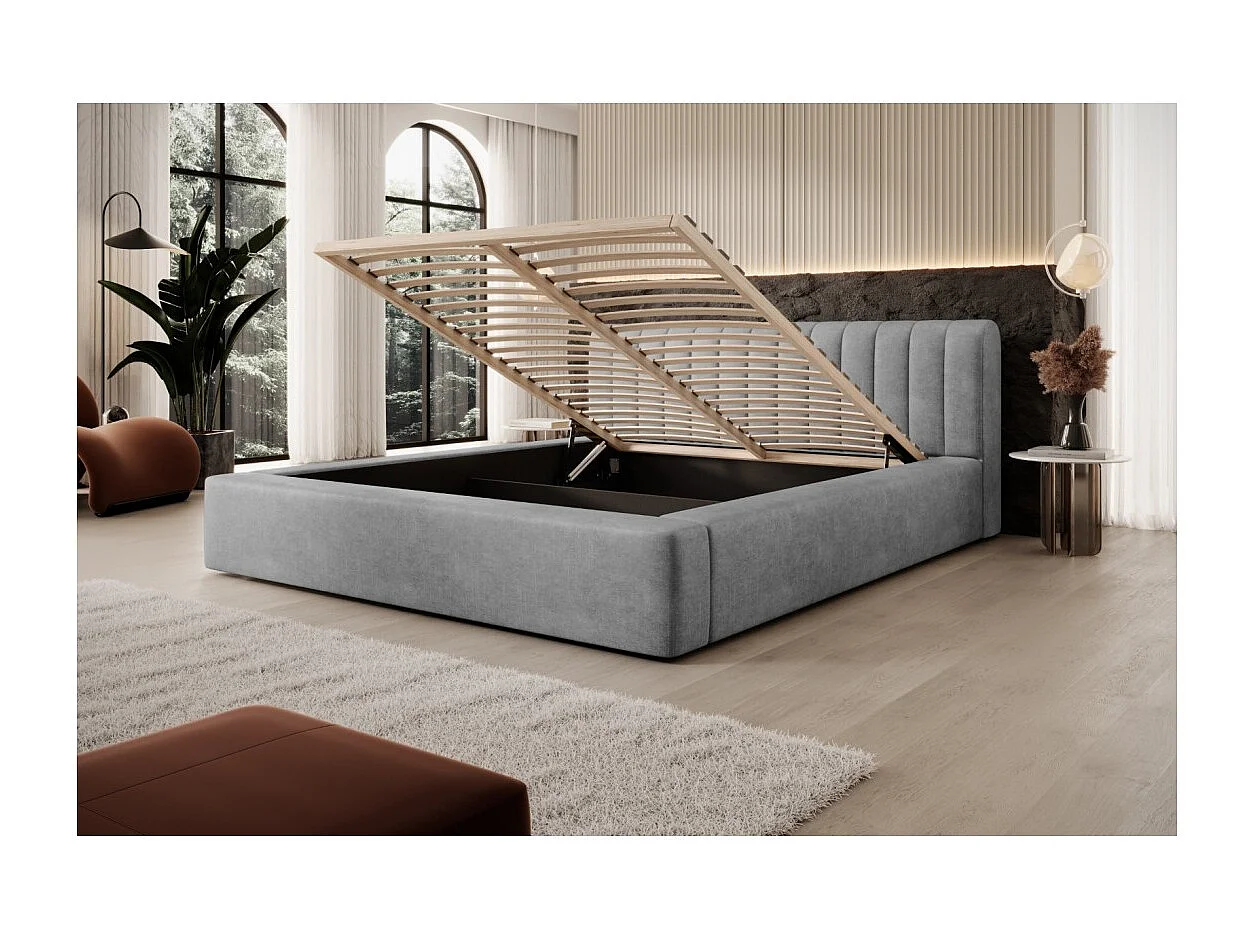 Lit coffre CERVIN – Velours doux Nacre de béton – 160x200 cm – Sommier relevable – Design contemporain