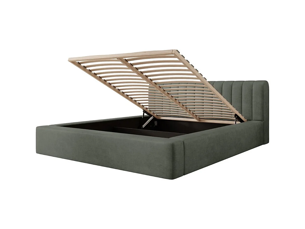 Lit coffre CERVIN – Velours doux Sauge Nocturne – 140x200 cm – Sommier relevable – Design élégant