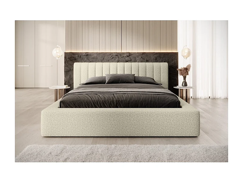 Cama con canapé CERVIN – Topo jaspeado bouclé – 140x200 cm – Somier elevable – Diseño de alta gama