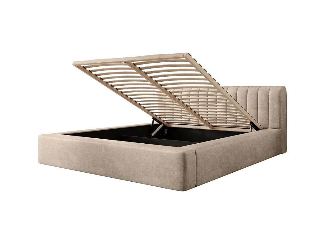 Lit coffre CERVIN – Velours doux Nude Sablé – 140x200 cm – Sommier relevable – Design élégant