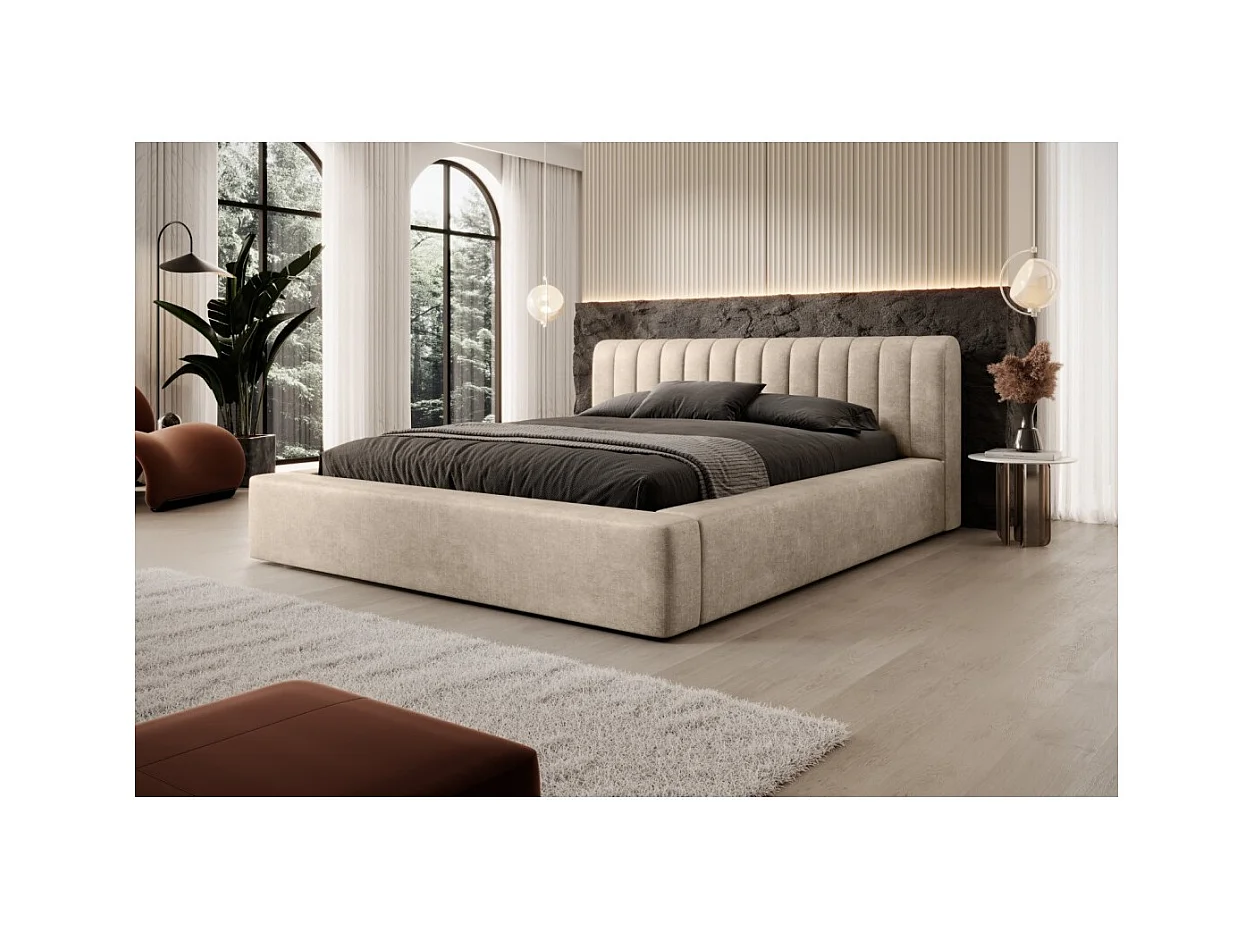Lit coffre CERVIN – Velours doux Nude Sablé – 140x200 cm – Sommier relevable – Design élégant