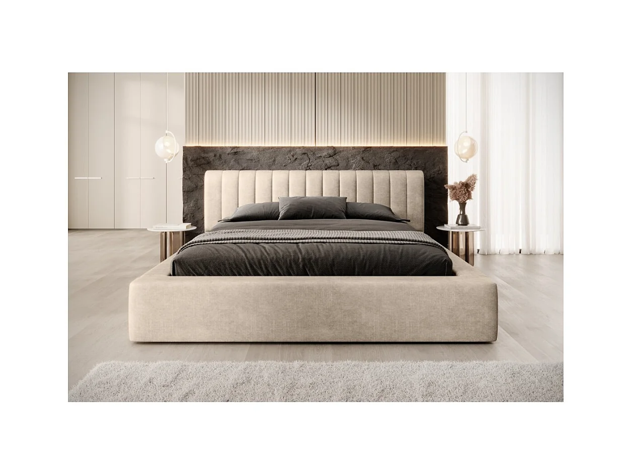 Lit coffre CERVIN – Velours doux Nude Sablé – 140x200 cm – Sommier relevable – Design élégant