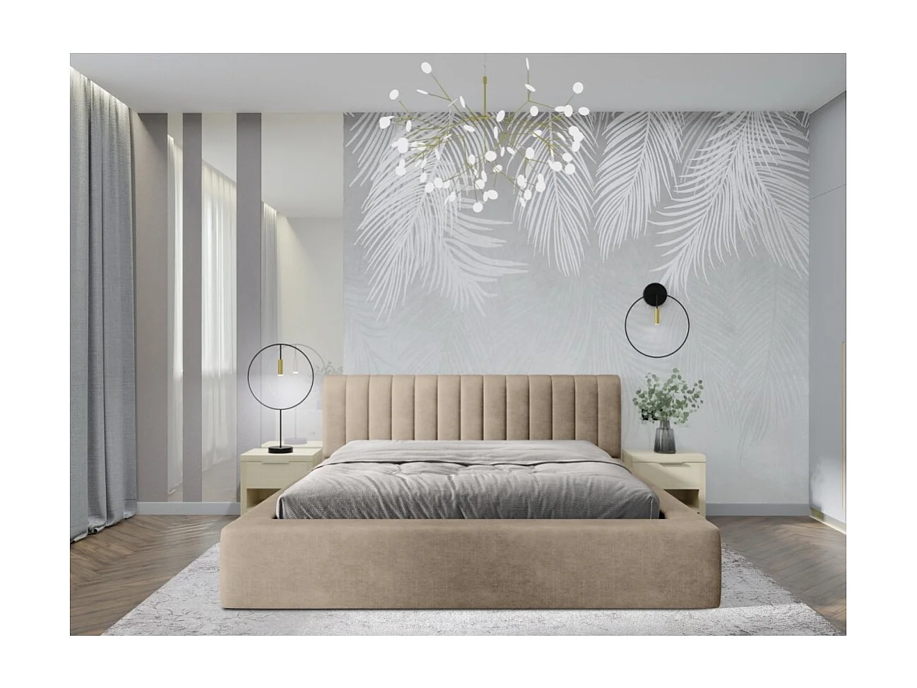Cama baú CERVIN – Veludo macio Nude Sablé – 140x200 cm – Base elevatória – Design elegante