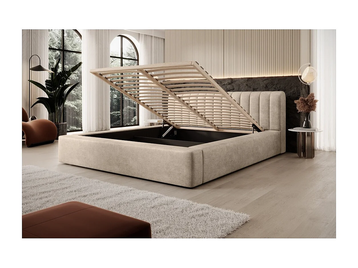 Cama baú CERVIN – Veludo macio Nude Sablé – 140x200 cm – Base elevatória – Design elegante