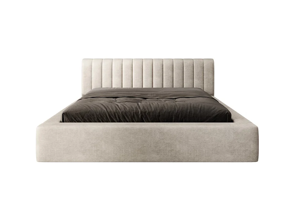 Lit coffre CERVIN – Velours doux Lin naturel – 140x200 cm – Sommier relevable – Design élégant