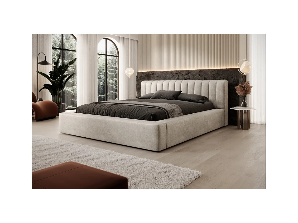 Lit coffre CERVIN – Velours doux Lin naturel – 140x200 cm – Sommier relevable – Design élégant