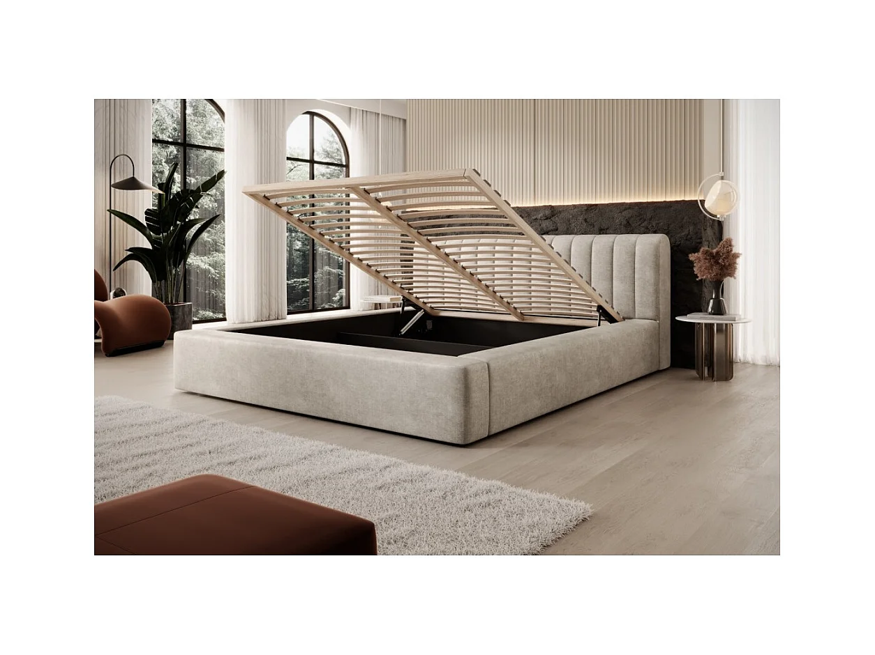 Lit coffre CERVIN – Velours doux Lin naturel – 140x200 cm – Sommier relevable – Design élégant