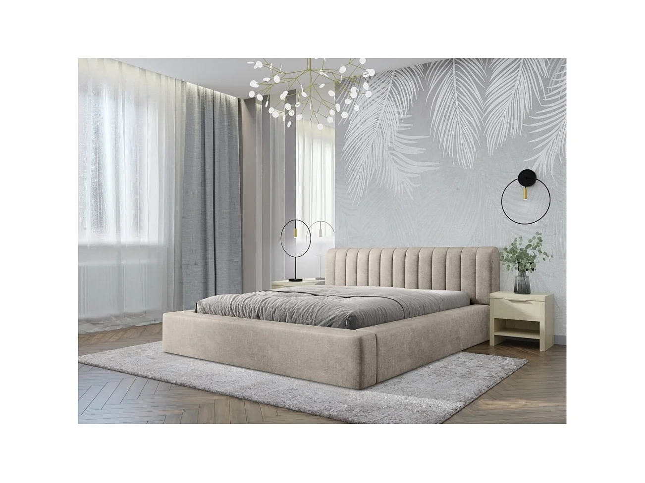 Lit coffre CERVIN – Velours doux Lin naturel – 140x200 cm – Sommier relevable – Design élégant