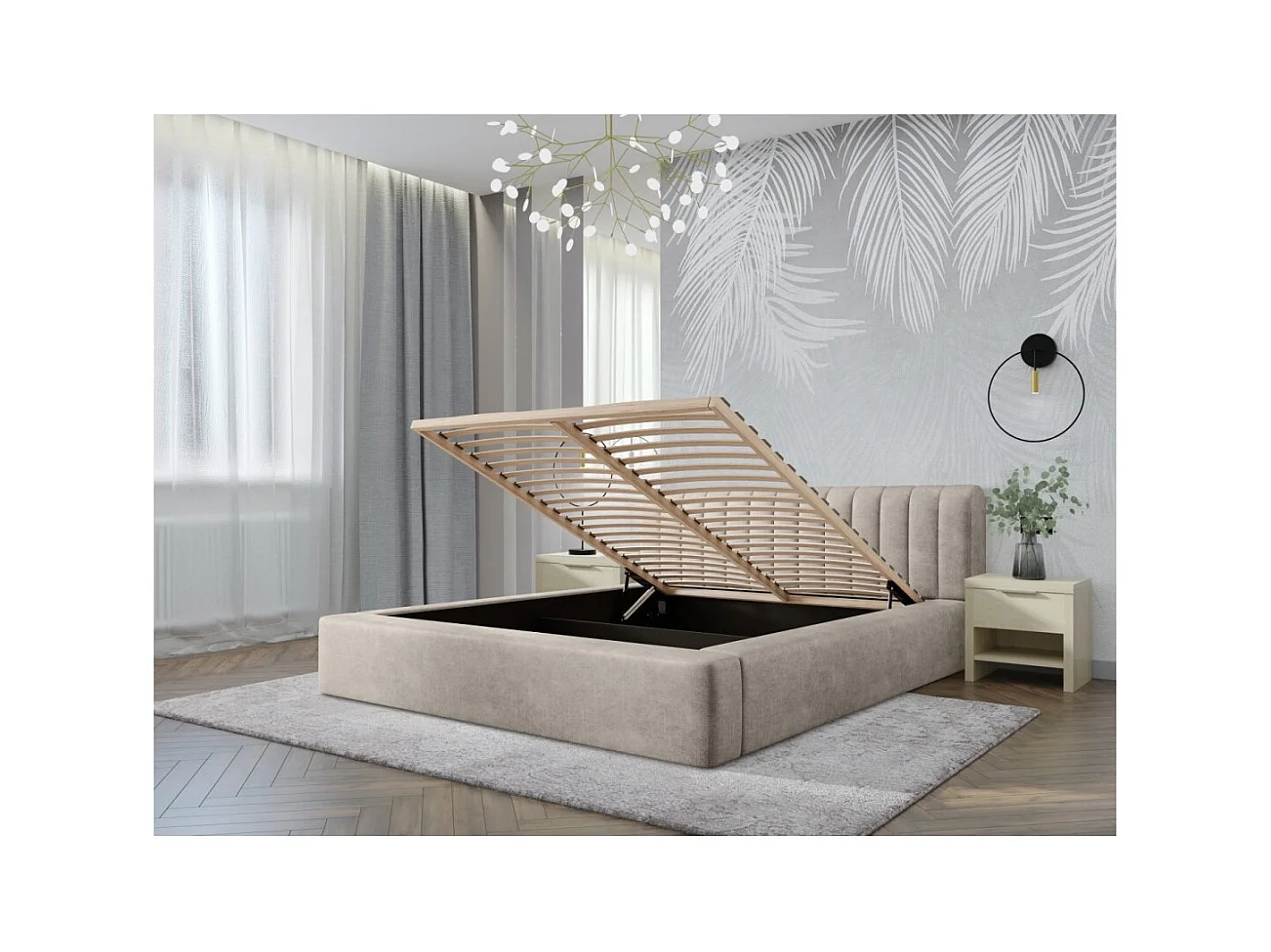 Lit coffre CERVIN – Velours doux Lin naturel – 140x200 cm – Sommier relevable – Design élégant