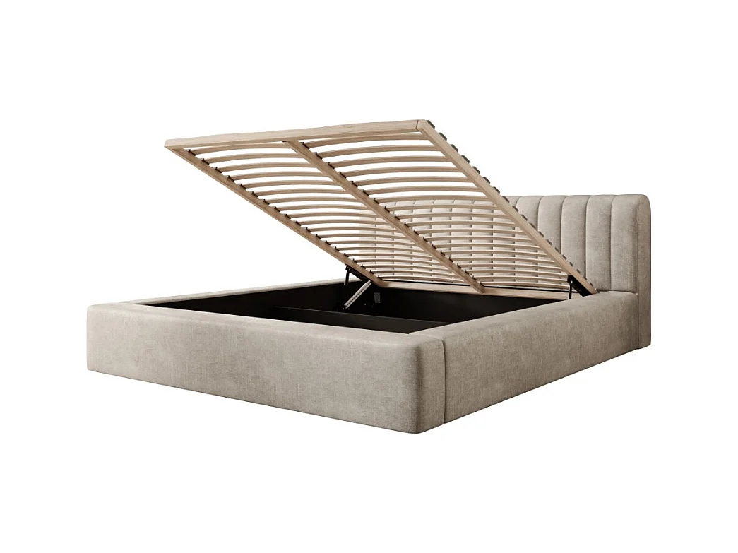 Lit coffre CERVIN – Velours doux Lin naturel – 180x200 cm – Sommier relevable – Design élégant