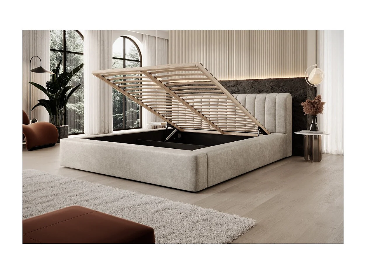 Lit coffre CERVIN – Velours doux Lin naturel – 180x200 cm – Sommier relevable – Design élégant