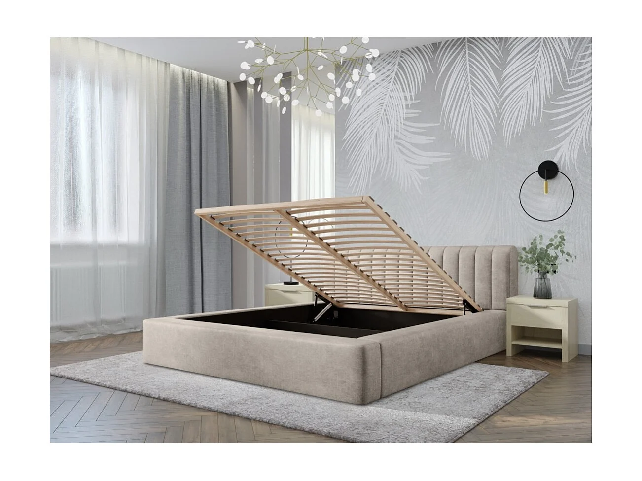 Lit coffre CERVIN – Velours doux Lin naturel – 180x200 cm – Sommier relevable – Design élégant