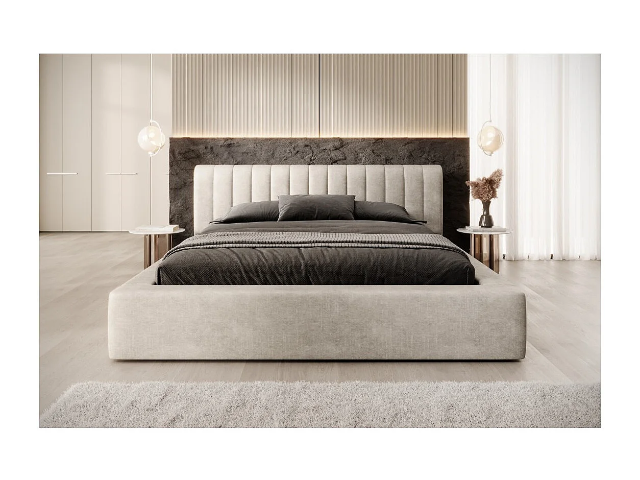 Caixa de cama CERVIN – Veludo suave Linho natural – 180x200 cm – Estrado elevatório – Design elegante