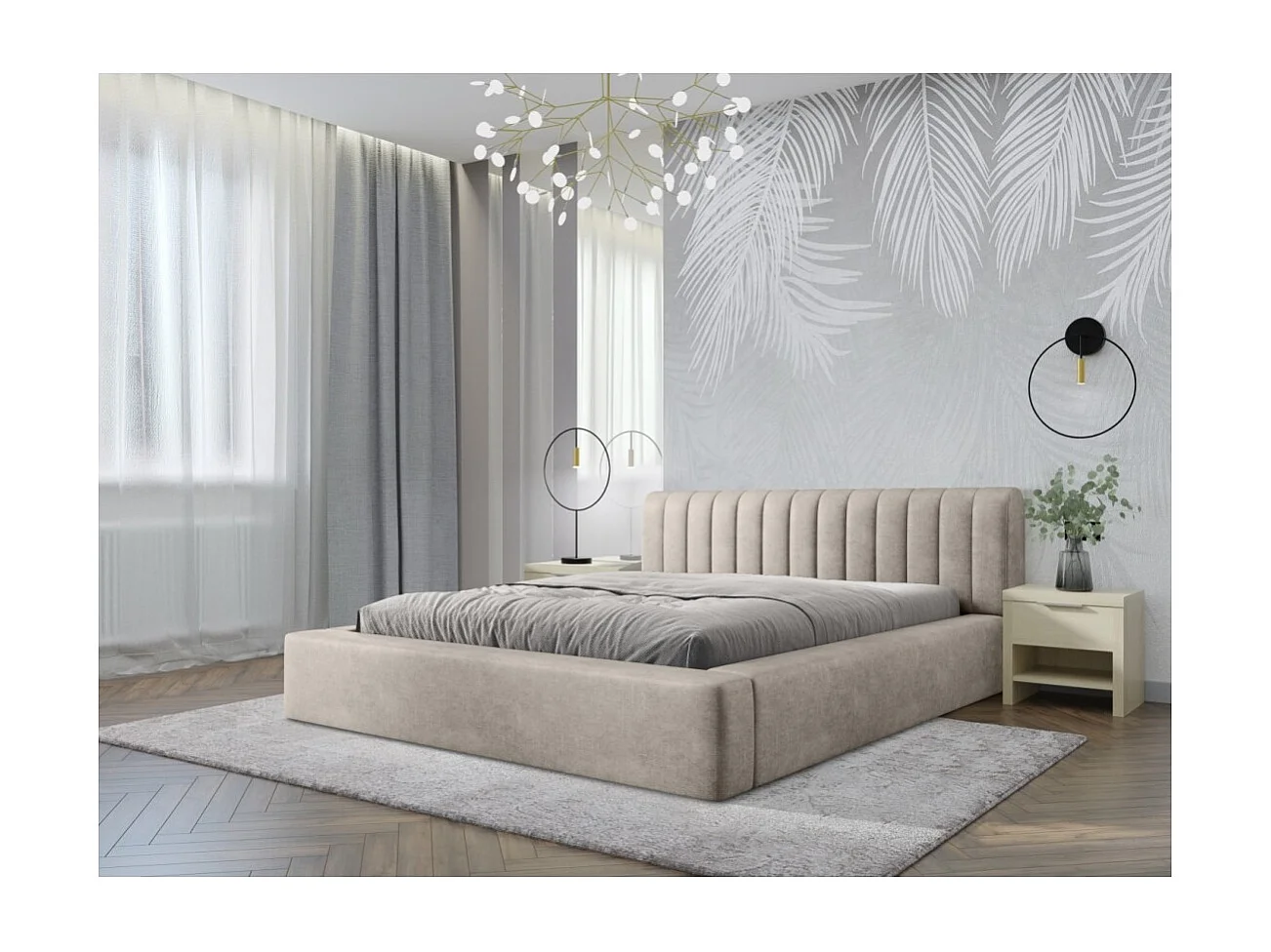 Caixa de cama CERVIN – Veludo suave Linho natural – 180x200 cm – Estrado elevatório – Design elegante