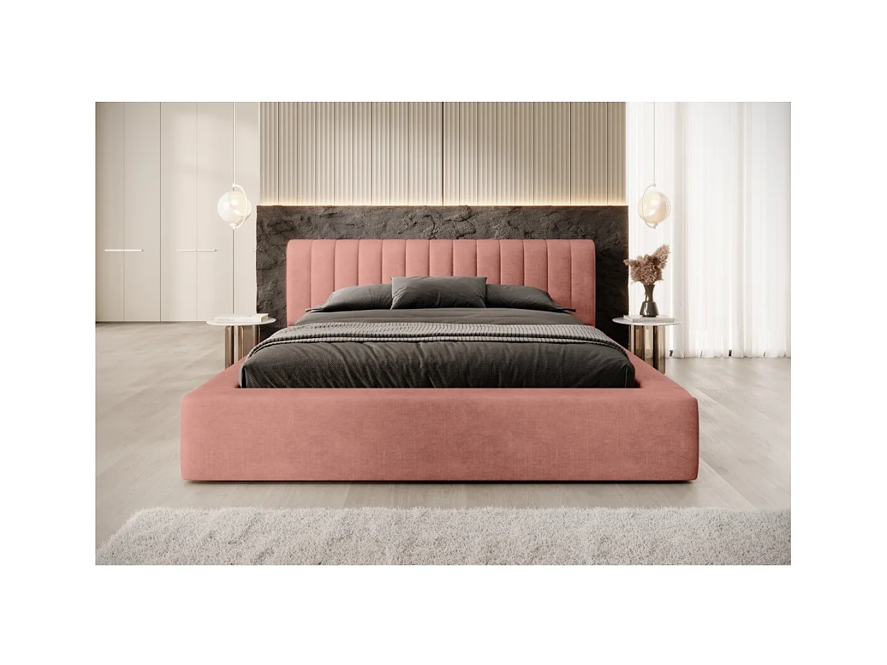 Lit coffre CERVIN – Velours doux Ocre rosé – 160x200 cm – Sommier relevable – Design élégant