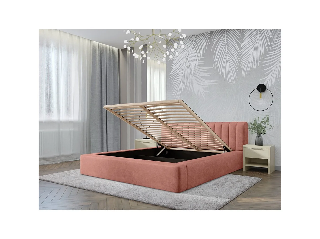 Lit coffre CERVIN – Velours doux Ocre rosé – 160x200 cm – Sommier relevable – Design élégant