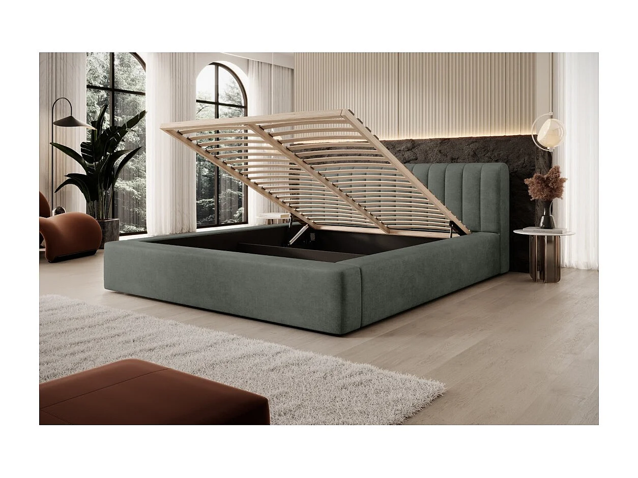 Lit coffre CERVIN – Velours doux Sauge Nocturne – 160x200 cm – Sommier relevable – Design élégant