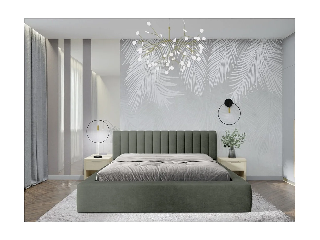 Lit coffre CERVIN – Veludo Macio Sálvia Noturna – 160x200 cm – Estrado elevatório – Design elegante