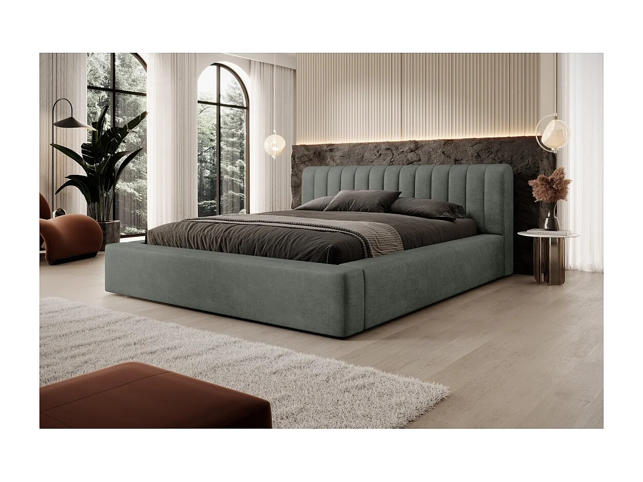 Lit coffre CERVIN – Veludo Macio Sálvia Noturna – 160x200 cm – Estrado elevatório – Design elegante