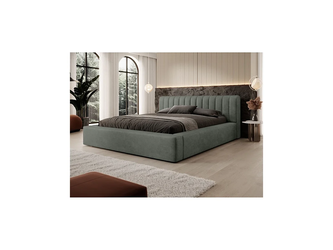Bed met opbergruimte CERVIN – Zacht fluweel Nachtelijke Salie – 160x200 cm – Opklapbare lattenbodem – Elegant ontwerp