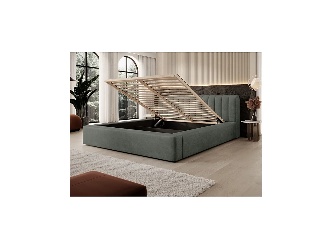Bed met opbergruimte CERVIN – Zacht fluweel Nachtelijke Salie – 160x200 cm – Opklapbare lattenbodem – Elegant ontwerp
