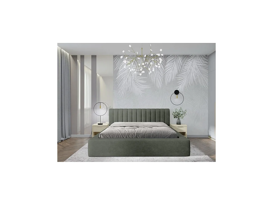 Bed met opbergruimte CERVIN – Zacht fluweel Nachtelijke Salie – 160x200 cm – Opklapbare lattenbodem – Elegant ontwerp