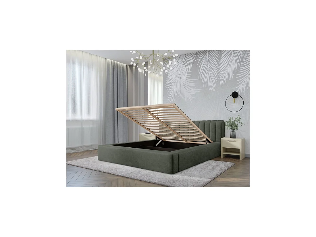 Bed met opbergruimte CERVIN – Zacht fluweel Nachtelijke Salie – 160x200 cm – Opklapbare lattenbodem – Elegant ontwerp