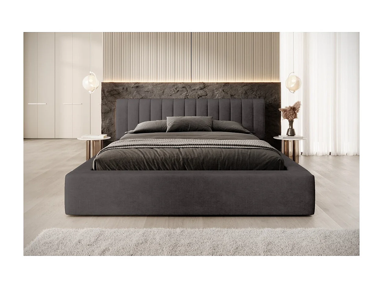 Lit coffre CERVIN – Veludo suave Carvão Mineral – 180x200 cm – Estrado elevatório – Design contemporâneo