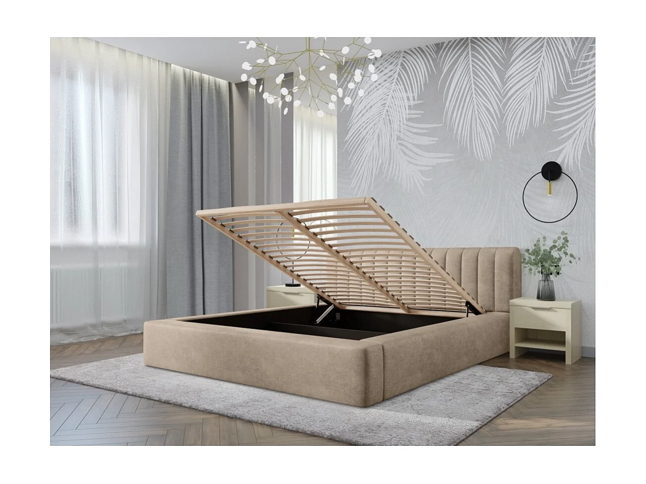 Lit coffre CERVIN – Veludo macio Nude Sablé – 160x200 cm – Estrado elevatório – Design elegante