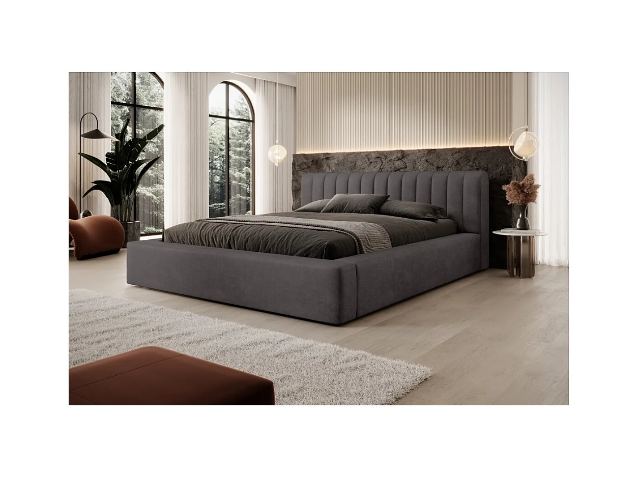 Cama con canapé CERVIN – Tejido rizado Nube arenosa – 180x200 cm – Somier elevable – Diseño contemporáneo
