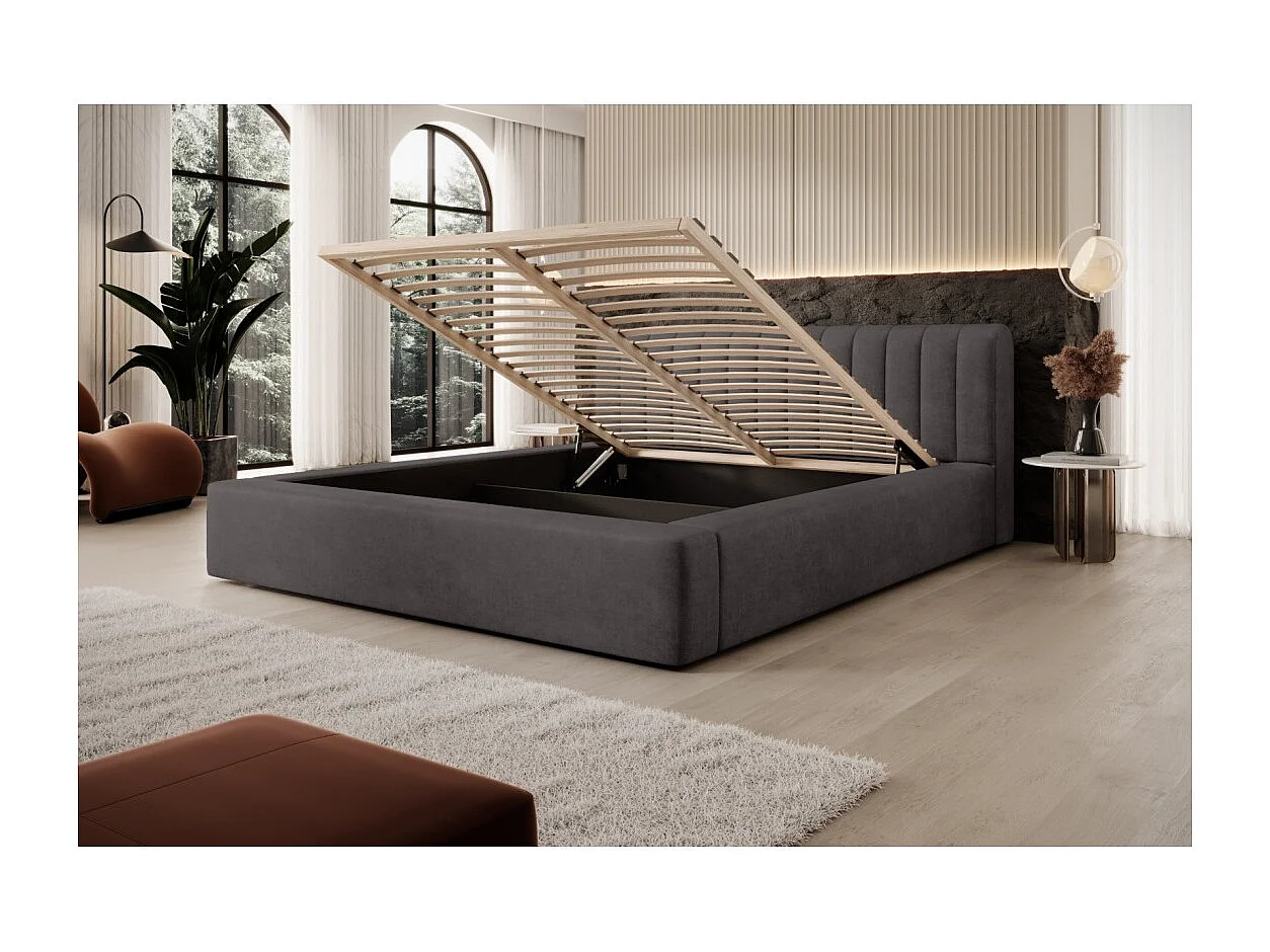 Cama con canapé CERVIN – Tejido rizado Nube arenosa – 180x200 cm – Somier elevable – Diseño contemporáneo