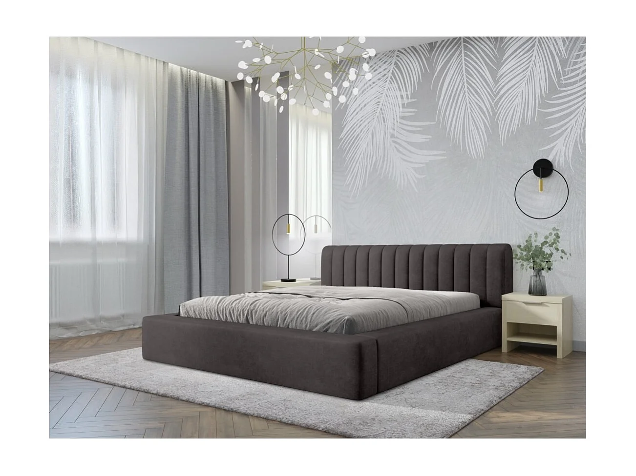 Lit coffre CERVIN – Tecido bouclé Nuvem areia – 180x200 cm – Estrado elevável – Design contemporâneo