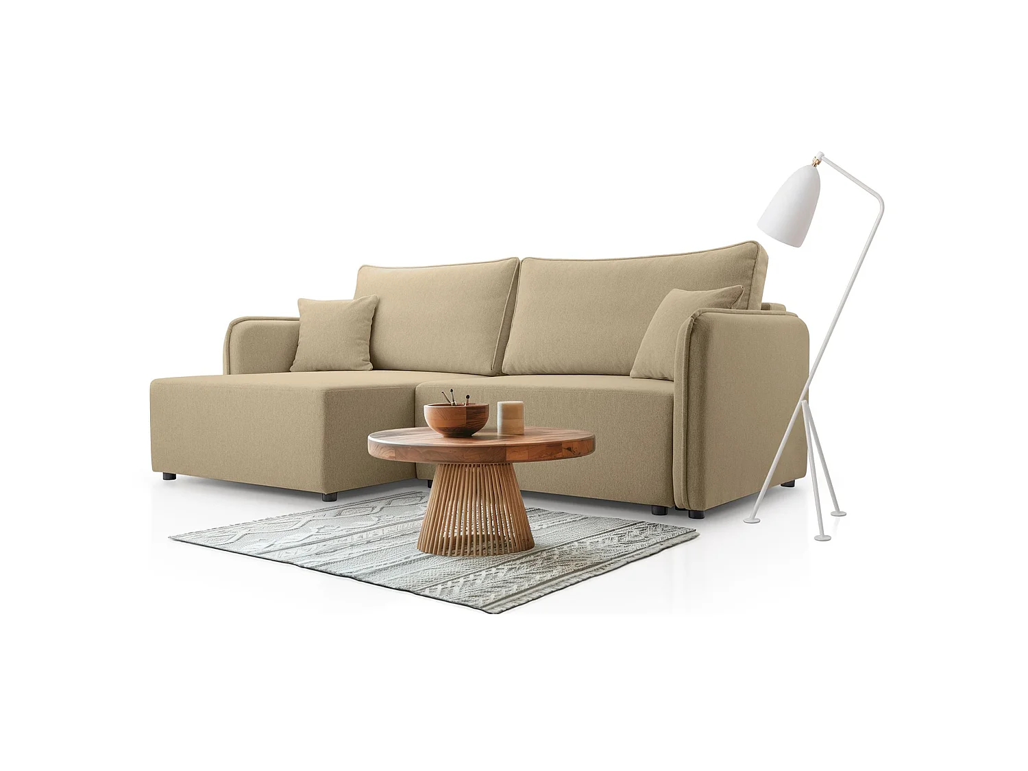 Canapé d'angle convertible 3 places en tissu beige KASSIAN