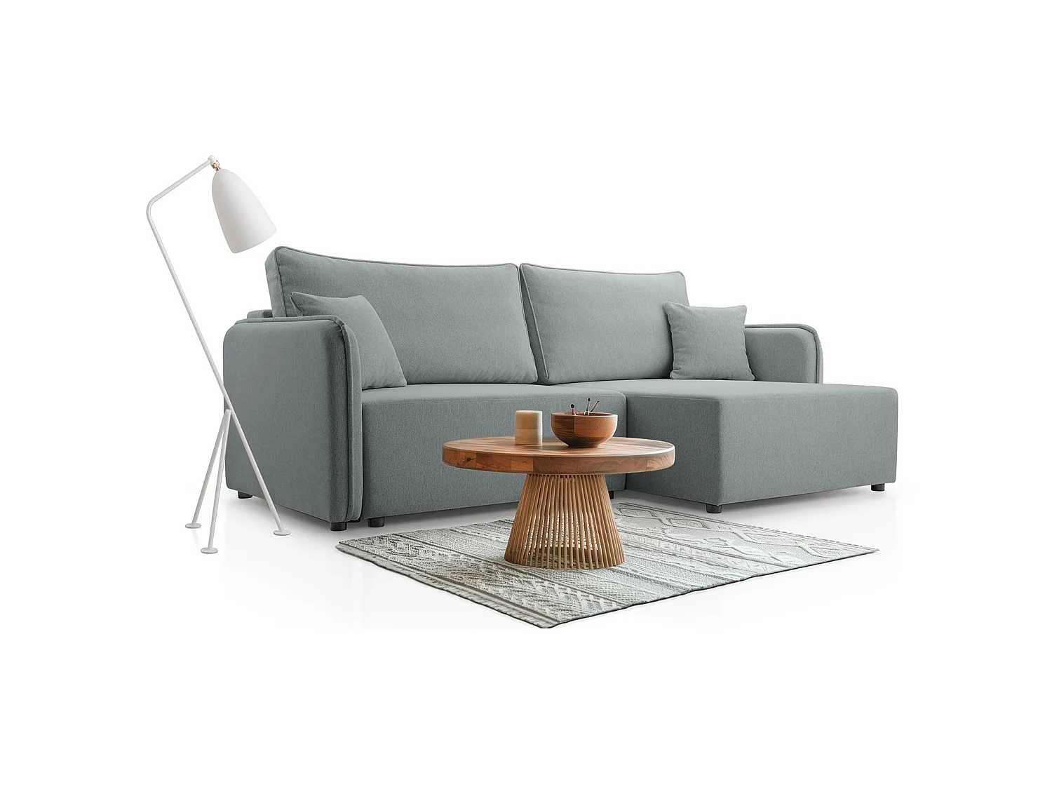 Canapé d'angle convertible 3 places en tissu gris clair KASSIAN