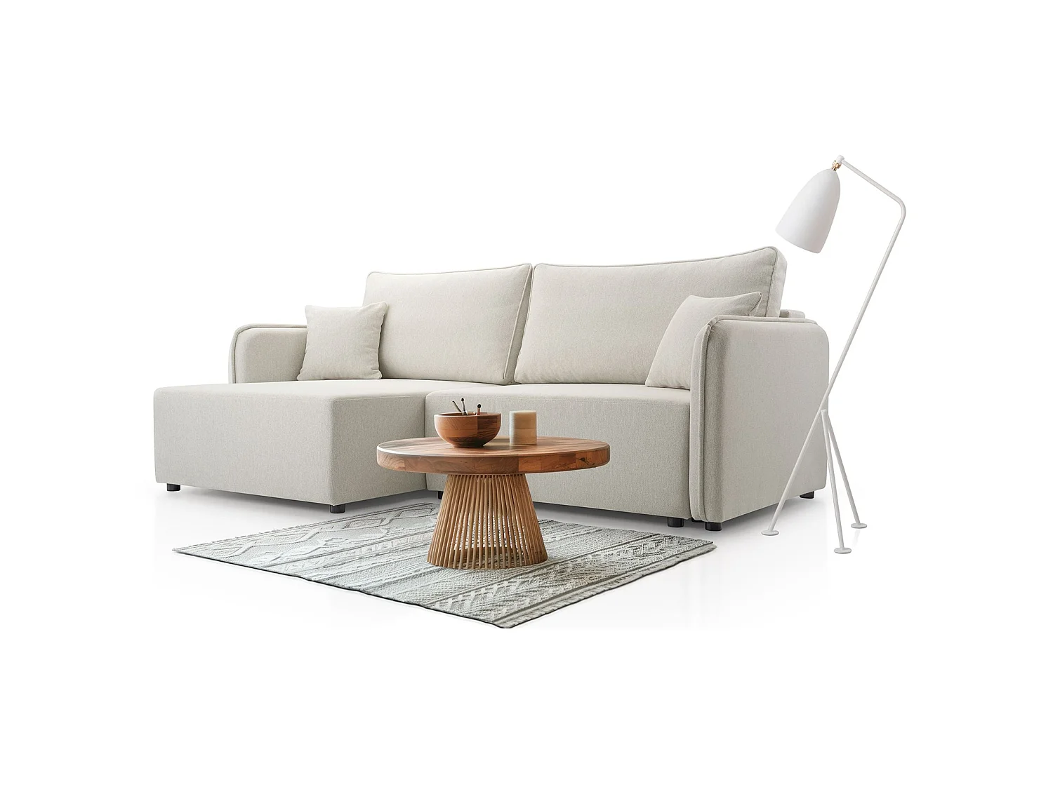 Canapé d'angle convertible 3 places en tissu crème KASSIAN