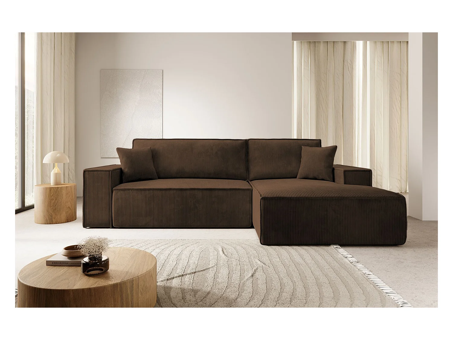 Canapé d'angle en forme de L avec fonction de couchage - en velours côtelé - marron- côté droit- FARESE NEW