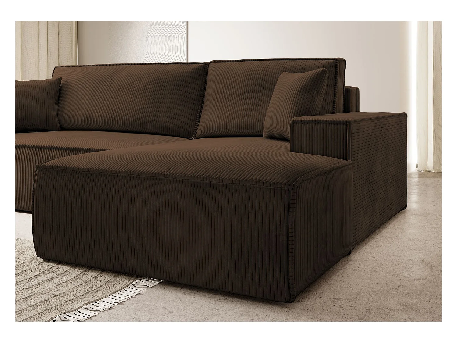 Canapé d'angle en forme de L avec fonction de couchage - en velours côtelé - marron- côté droit- FARESE NEW