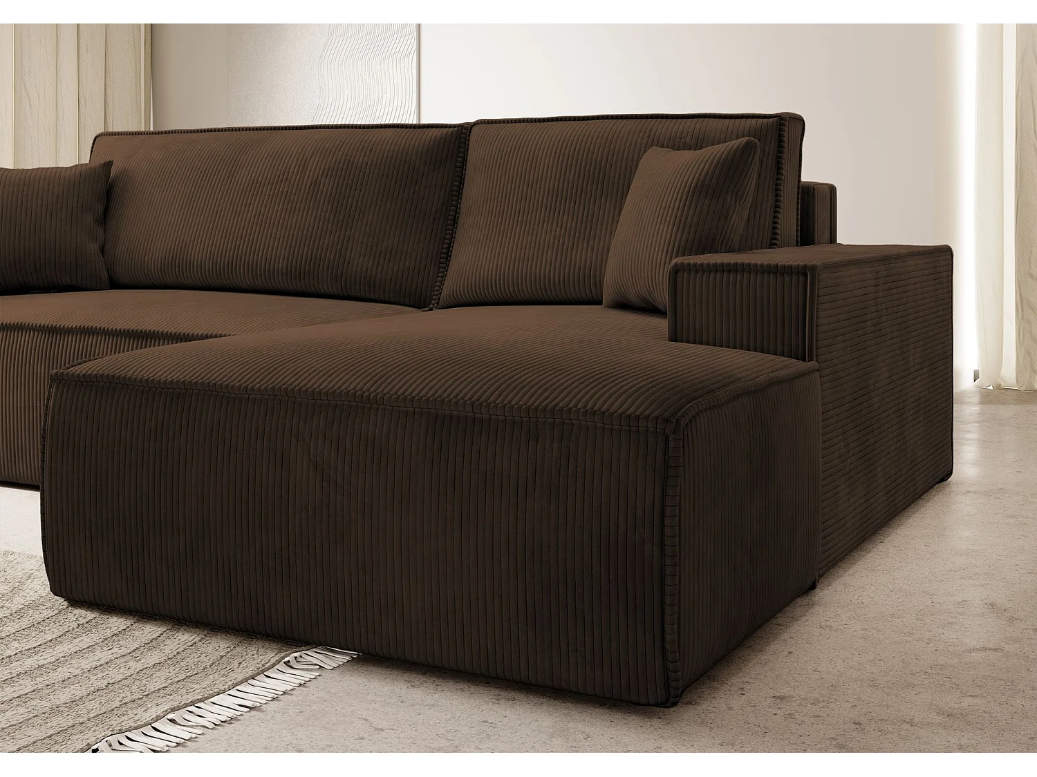 Canapé d'angle en forme de L avec fonction de couchage - en velours côtelé - marron- côté droit- FARESE NEW