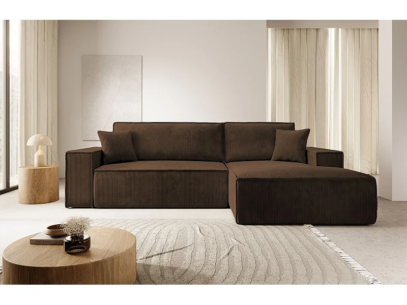 Canapé d'angle en forme de L avec fonction de couchage - en velours côtelé - marron- côté droit- FARESE NEW