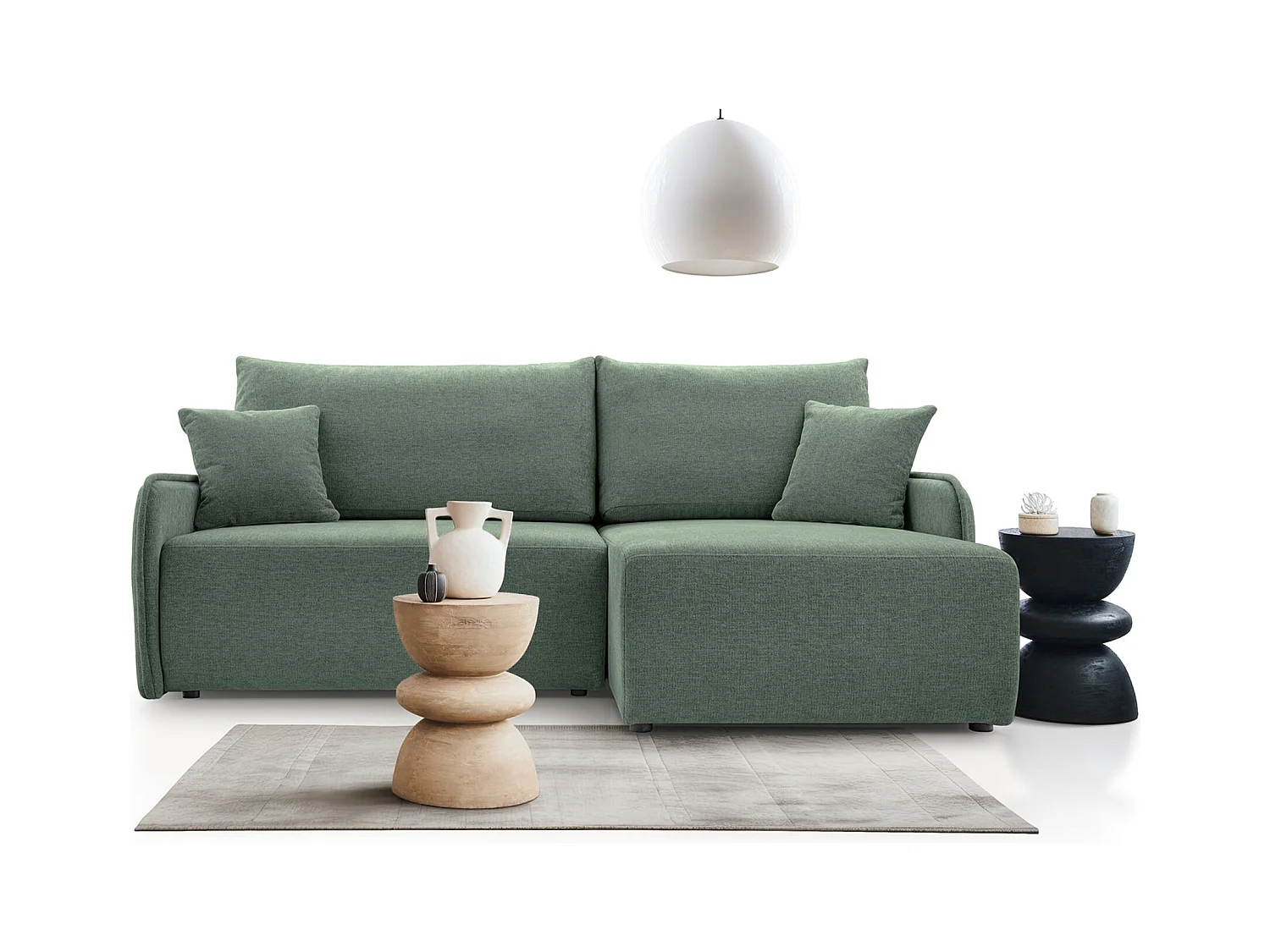 Canapé d'angle convertible – en tissu chenille vert sauge – côté droit – NETARRO