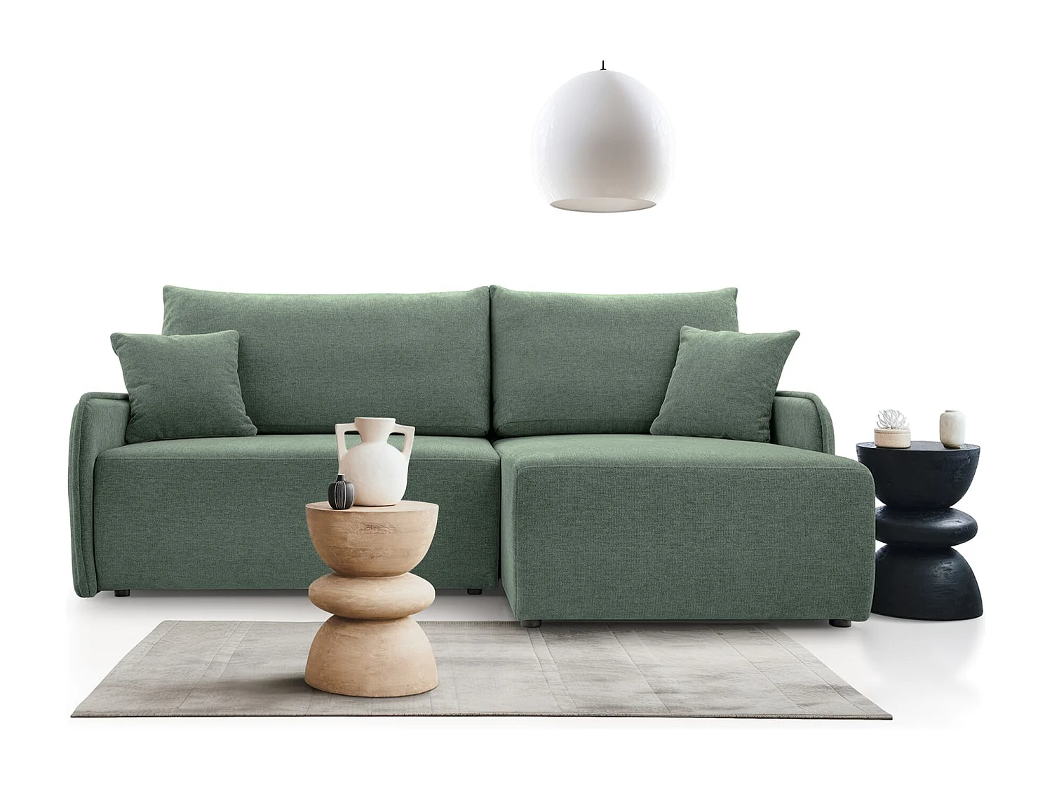 Canapé d'angle convertible – en tissu chenille vert sauge – côté droit – NETARRO